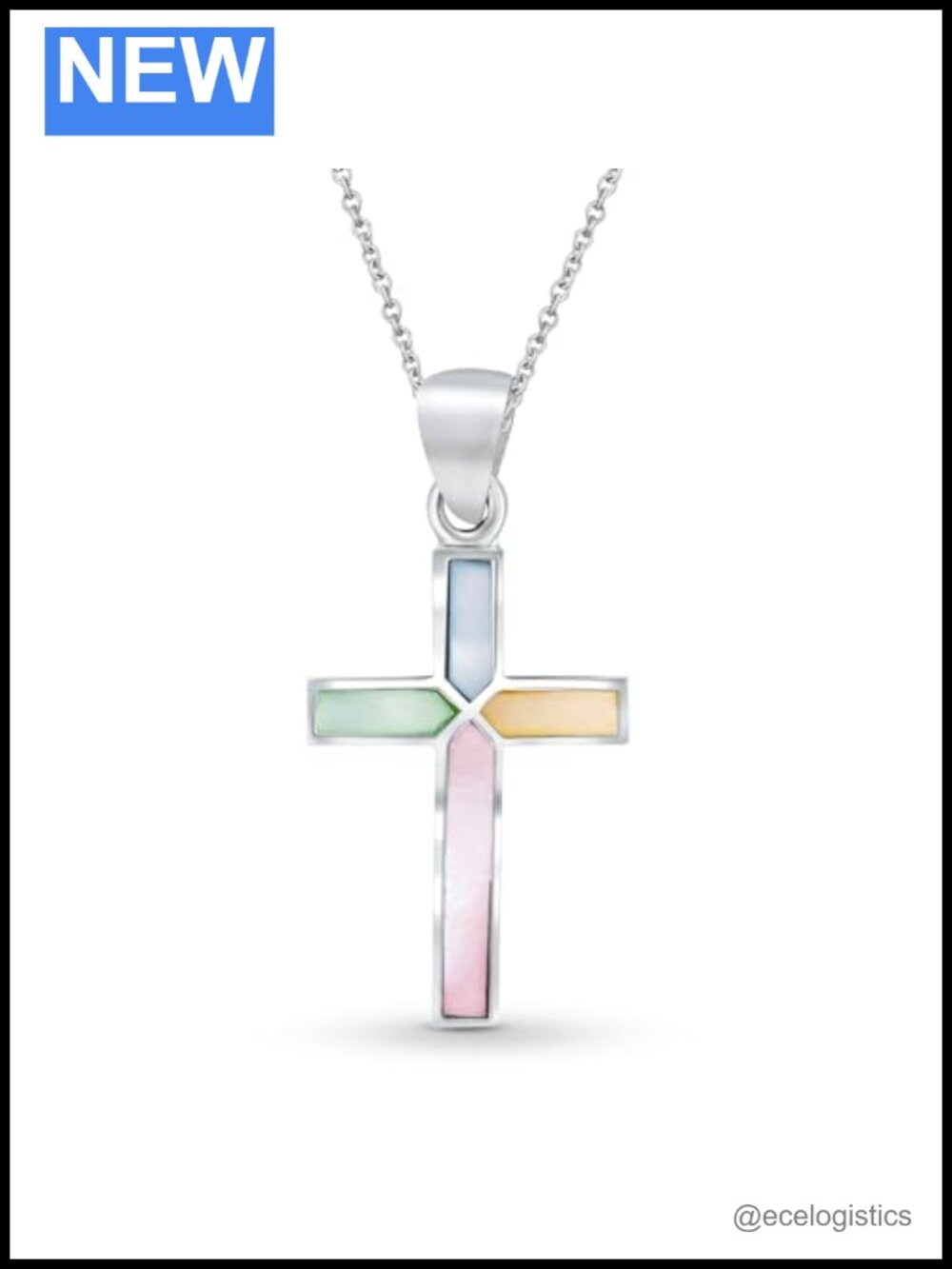 Iridescent Cross Pendant Necklace 925 Sterling Silver 18 Inch